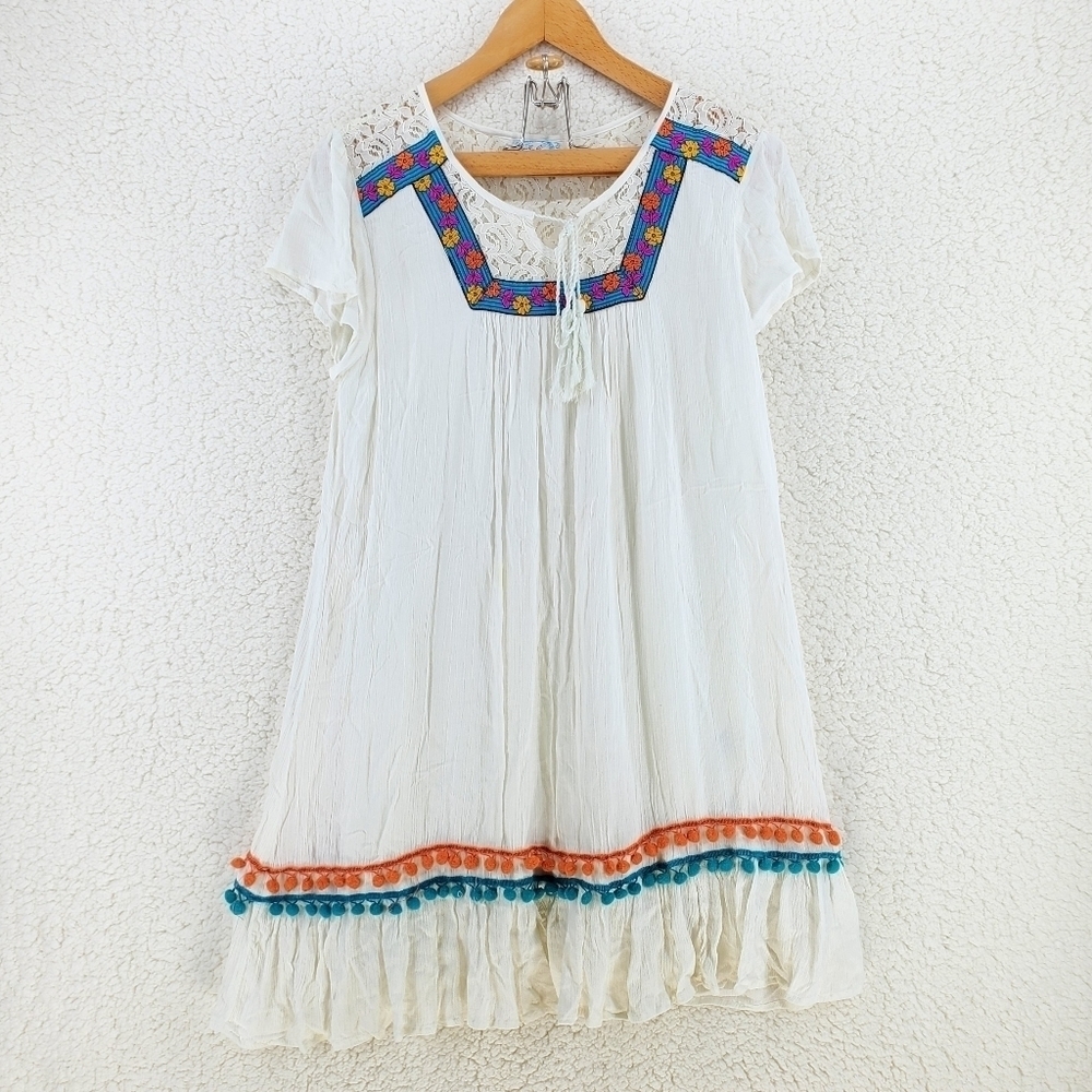 J Gee Dress sz S Boho Ivory Floral Striped Embroidered Flowy Midi Knit Festival